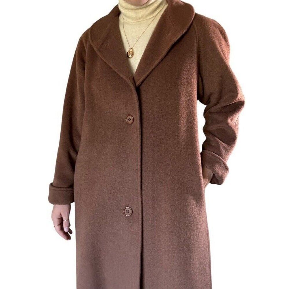 Vintage Larry Levine Womens Brown Tan Wool Preppy Trench Coat Petites Sz 6